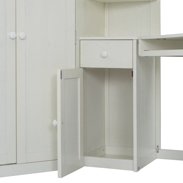English Elm Twin Loft Bed with Wardrobe Desk Charging Station and Spotlights for Small Rooms Beige White LT000450AAK