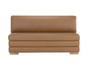 Sunpan Radcliff Banquette – Elegant Milliken Cognac Faux Leather with Gold Stainless Steel Legs, 65" Wide