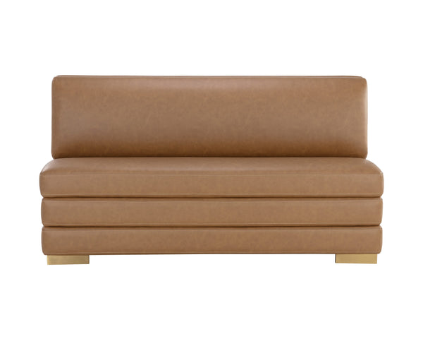 Sunpan Radcliff Banquette – Elegant Milliken Cognac Faux Leather with Gold Stainless Steel Legs, 65" Wide