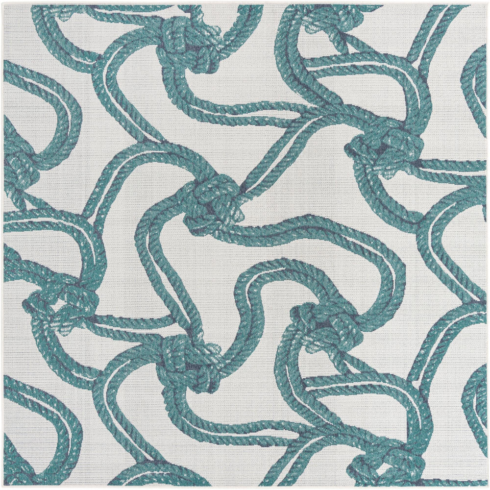 Unique Loom Outdoor Coastal Tethered Machine Made Solid Print Rug Ivory, Navy Blue/Green 7' 10" x 7' 10"
