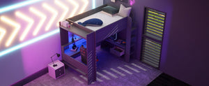 English Elm Wood Full Size Loft Bed with Built-in Desk Led Lighting and Charging Station SM000374AAE-1