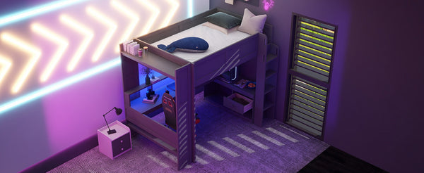 English Elm Wood Full Size Loft Bed with Built-in Desk Led Lighting and Charging Station SM000374AAE-1