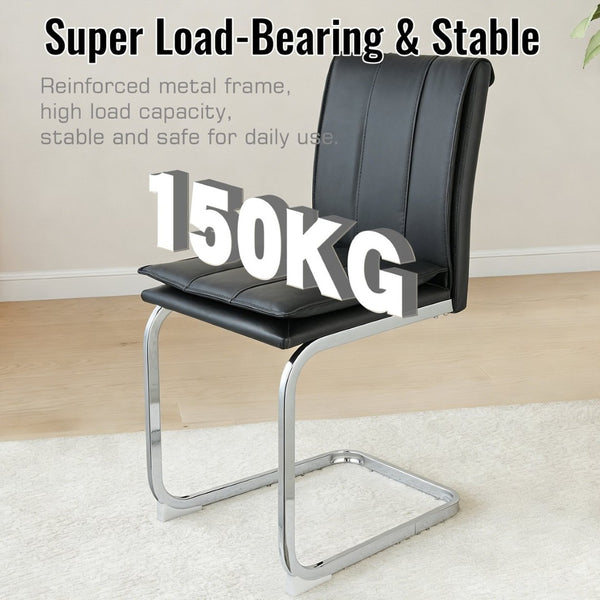 English Elm Modern Pu Leather Cantilever Dining Chairs Set of 4 with Steel Arc Frame for Kitchen Black And Silver W5123P454214