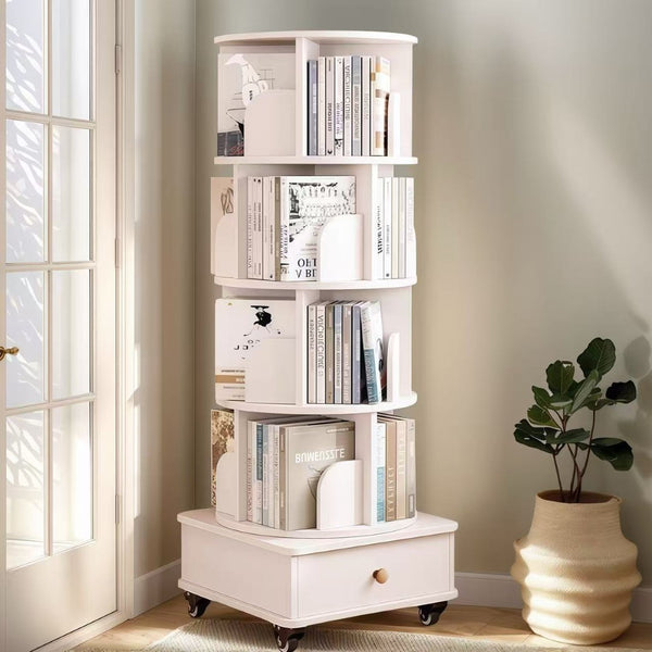 English Elm Rotating 5-Tier Corner Bookshelf With Drawer - Stylish White Storage Rack For Small Spaces & Homes W2641P329210-GIGA