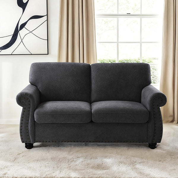 English Elm Soft Velvet Upholstered Loveseat with Turned Wood Legs Nailhead Trim Mid-century Style Black B2735P292309