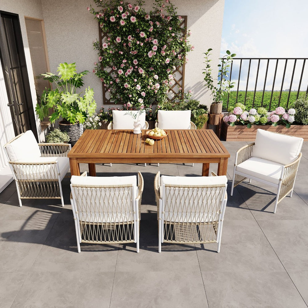 English Elm Topmax Outdoor Acacia Wood Dining Set with Six Pe Wicker Arm Chairs for Backyard SP100033AAN