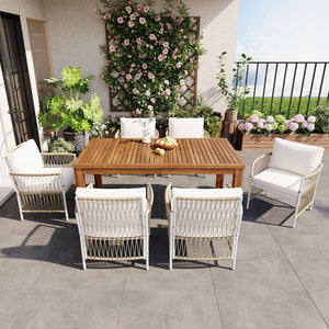 English Elm Topmax Outdoor Acacia Wood Dining Set with Six Pe Wicker Arm Chairs for Backyard SP100033AAN