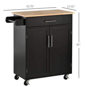English Elm HOMCOM Mobile Kitchen Island Cart with Drawer & Cabinet, Rubberwood Countertop, Towel Rack, Black W2225P173900