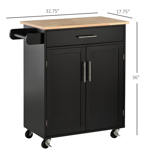 English Elm HOMCOM Mobile Kitchen Island Cart with Drawer & Cabinet, Rubberwood Countertop, Towel Rack, Black W2225P173900