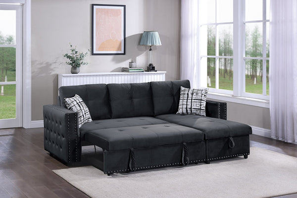 English Elm Black Velvet Convertible Sectional Sofa with Pull-Out Bed, Reversible Storage Chaise, Tufted Elegance B011S01023