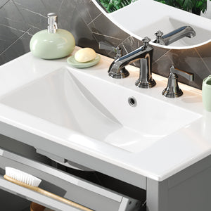English Elm Christopher Knight Home® - 30" Bathroom Vanity with Ceramic Sink, Solid Wood Legs, Adjustable Shelf, Tip-Out Tray, Soft-Close Hinges, Silver Knobs, Moisture-Resistant Finish Gray N817P286250G