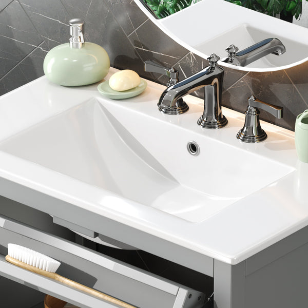 English Elm Christopher Knight Home® - 30" Bathroom Vanity with Ceramic Sink, Solid Wood Legs, Adjustable Shelf, Tip-Out Tray, Soft-Close Hinges, Silver Knobs, Moisture-Resistant Finish Gray N817P286250G