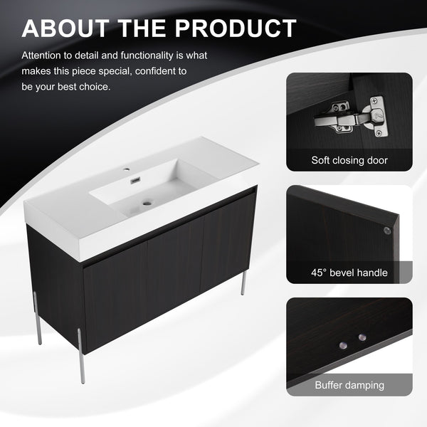 English Elm 48" Freestanding Bathroom Vanity with Resin Sink and Spacious Cabinet, Soft-Close Doors, Durable Finish Dark Oak W1972S00015