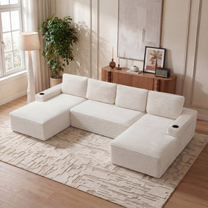 English Elm Compressible Corduroy U-shaped Sectional Cloud Sofa Modular Living Room Couch Cream White W5515S00030