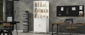 English Elm 76.75'' Steel Curio Cabinet with Led Lights Tempered Glass Doors Vintage Brass Handles SN845P282833W_R