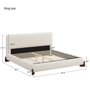 English Elm Elegant Boucle Platform Bed White Upholstered King with Dark Brown Wood Legs N769P228000K