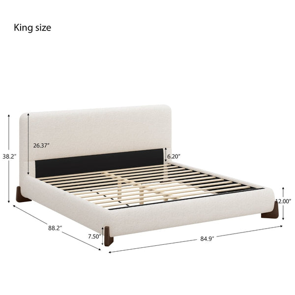 English Elm Elegant Boucle Platform Bed White Upholstered King with Dark Brown Wood Legs N769P228000K