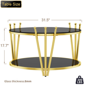 English Elm 31.5inch Modern Luxury Gold Coffee Table with Two-Tier Storage, Tempered Glass Top, Elegant Crown Design Black W1550P171454