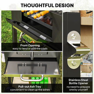 English Elm Charcoal Barrel Grill with Adjustable Heat Control and Enameled Grates for Backyard Cooking T3971P420788