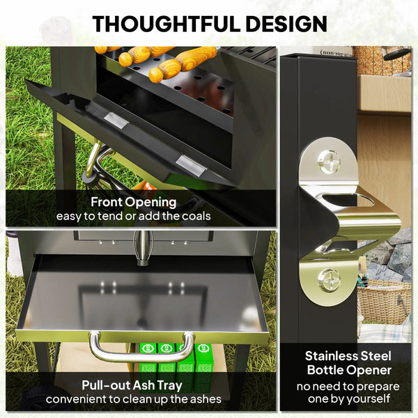 English Elm Charcoal Barrel Grill with Adjustable Heat Control and Enameled Grates for Backyard Cooking T3971P420788