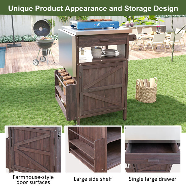English Elm K&K 40.5" Outdoor Grill Cart with 201 Stainless Top, Solid Fir Storage, Drop Leaf & Lockable Wheels Brown N707P228272Z
