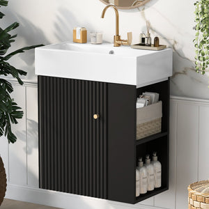 English Elm 21.6 inch Modern Floating Bathroom Vanity with Ceramic Basin, Wave Door, Rose Gold Handle Black N729P170388B
