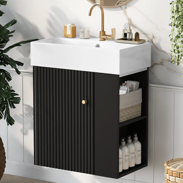 English Elm 21.6 inch Modern Floating Bathroom Vanity with Ceramic Basin, Wave Door, Rose Gold Handle Black N729P170388B