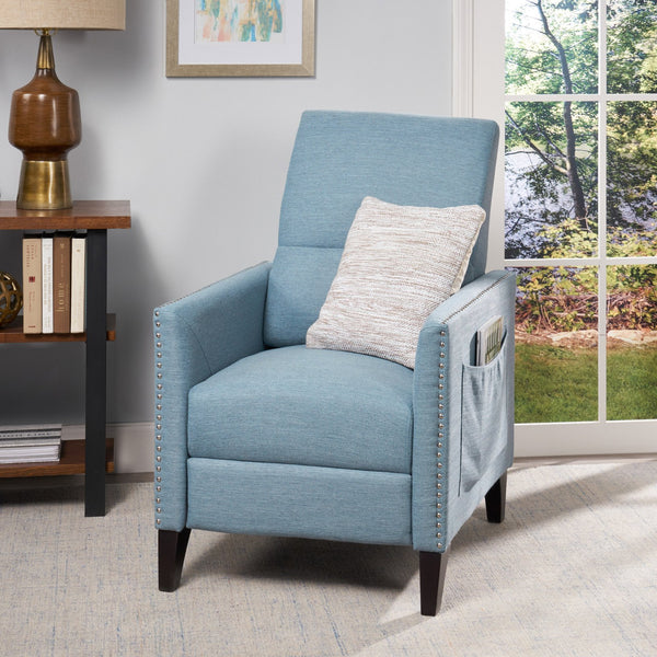 English Elm Christopher Knight Home® - PUSH Light Blue Fabric Push-Back Recliner with Nailhead Accents, Birch Wood Legs, Comfortable Relaxing Seat 65532.00LBLU