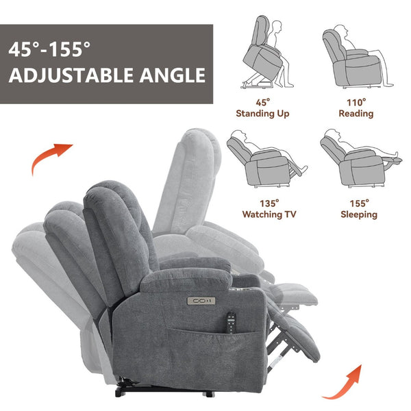 English Elm Emon's Overstuffed Chenille Power Lift Recliner with Massage Heat and Charging Ports Grey W1803S00090