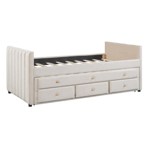 English Elm Twin Upholstered Daybed with Pull-Out Trundle and 3 Drawers, Velvet Finish, Solid Frame, Slat Kit Included Beige SF000147AAA