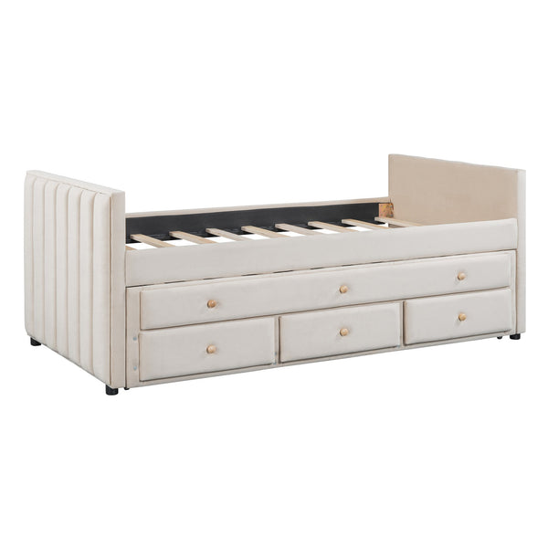 English Elm Twin Upholstered Daybed with Pull-Out Trundle and 3 Drawers, Velvet Finish, Solid Frame, Slat Kit Included Beige SF000147AAA