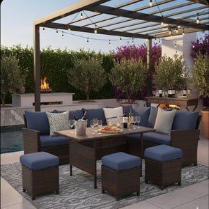 English Elm 7 Piece Outdoor Wicker Dining Set Modular Sectional Sofa Ottomans and Patio Table Blue+Brown B082S00076