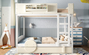 English Elm Full Bunk Bed with Trundle Bookshelf Storage Pine Frame Car Design for Kids Beige+White W1580S00444