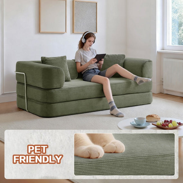 English Elm Floor Sofa Bed Modular Corduroy Convertible Lounge with Steel Frame for Living Room Antique Green W3565P397194