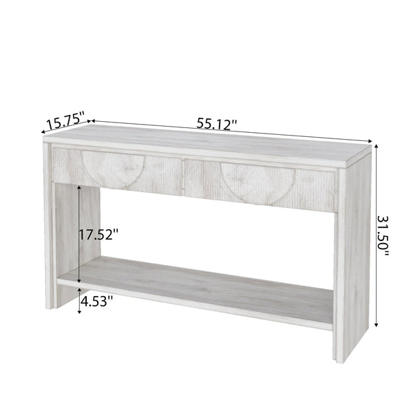 English Elm Farmhouse Solid Wood Console Table with Carved Drawers, Tiered Shelf & Anti-Tip Stability (57.8") White T3833P366467
