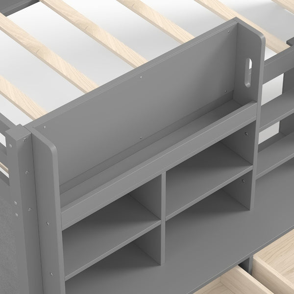 English Elm Twin Xl Low Loft Bed with Curtain Hideaway Chalkboard and Built-in Storage Shelves W1580S00400