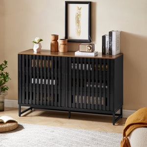 English Elm 6 Drawer Double Dresser Black Grille Striped Doors, Modern MDF & Metal Legs, Sturdy 6-Drawer Storage Elegance W578P193307