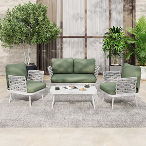 English Elm Christopher Knight Home® - Mariano Outdoor 4-Piece Conversation Set with Hand-Woven Rope, Water-Repellent Cushions, Durable Frame Green,Off White N773OC00028G