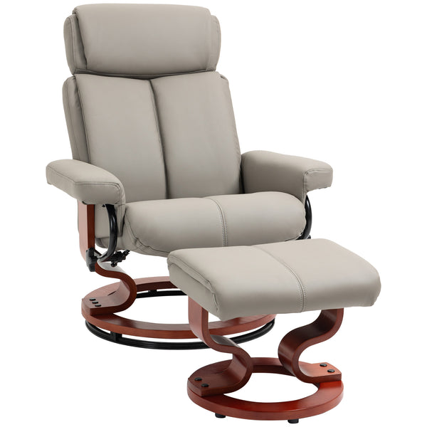 English Elm HOMCOM Modern Recliner Chair with Ottoman — 360° Swivel PU Leather, Bentwood Base, Adjustable Headrest W2225P229559