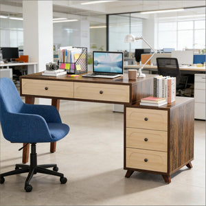 English Elm Classic Five Drawer Writing Desk with Round Metal Legs and White Engineered Wood Top T3971P453638