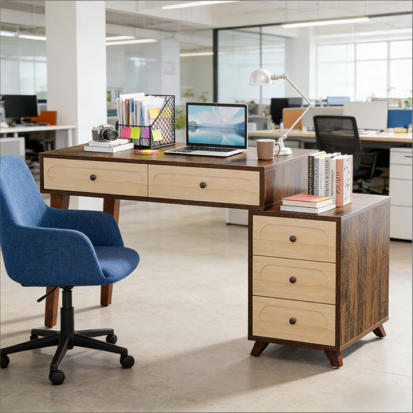 English Elm Classic Five Drawer Writing Desk with Round Metal Legs and White Engineered Wood Top T3971P453638
