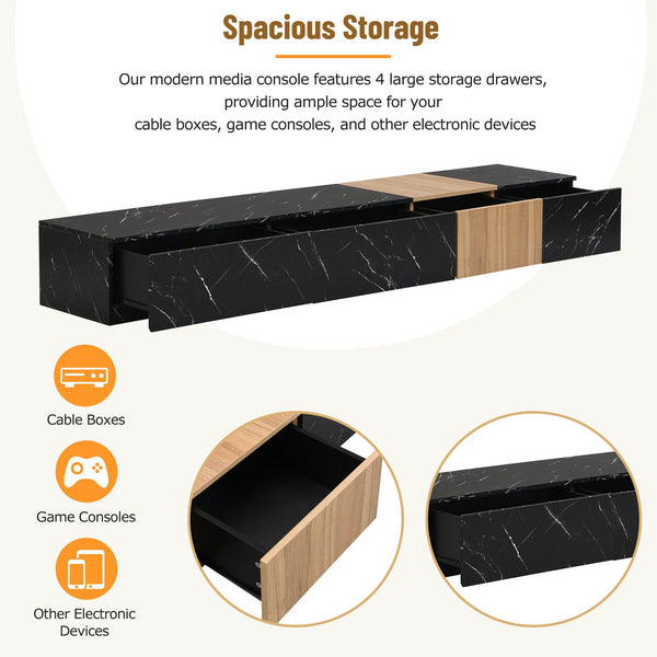 English Elm ON-TREND Modern TV Stand with Faux Marble & Walnut Grain, 78.7" Modular Console with 4 Drawers for Organized Living Room Decor Black WF320812AAB