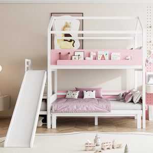 English Elm House-shaped Pine Bunk Bed with Built-in Slide Storage Staircase Twin Over Full Kids Frame White+Pink N820S00082K