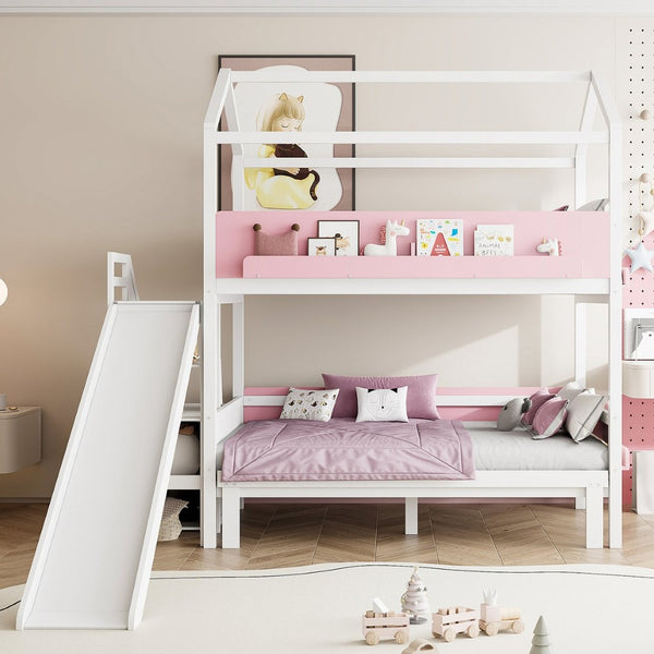 English Elm House-shaped Pine Bunk Bed with Built-in Slide Storage Staircase Twin Over Full Kids Frame White+Pink N820S00082K