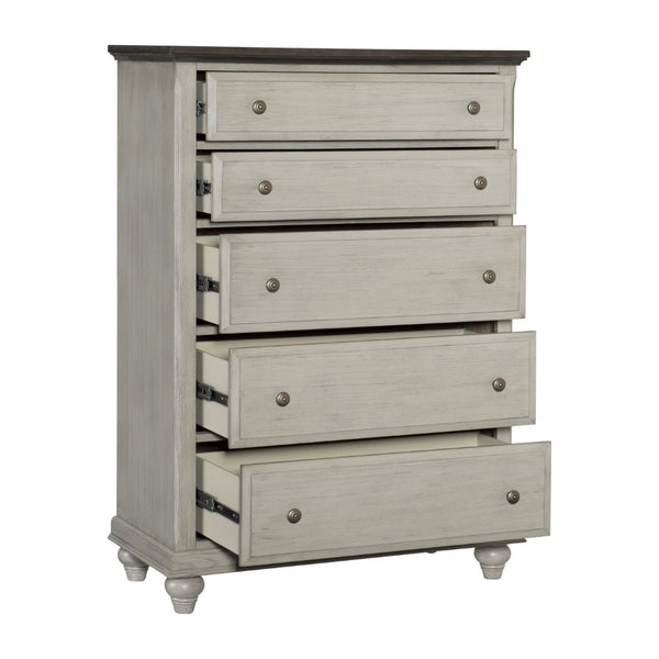 English Elm Classic Farmhouse Five Drawer Chest with Gray Body Dark Brown Top and Pewter Knobs B011P199396