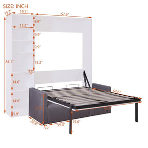 English Elm Full Size Murphy Wall Bed with Integrated Sofa Open Shelving White Cabinet Unit LP000795AAK