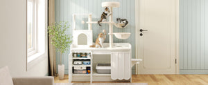 English Elm 50.6" Modern White Cat Tower with Litter Enclosure Sisal Posts Hammock and Perch N704P443505K