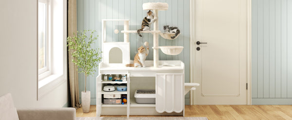 English Elm 50.6" Modern White Cat Tower with Litter Enclosure Sisal Posts Hammock and Perch N704P443505K