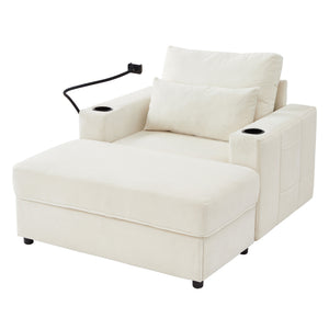 English Elm Modern Multifunctional Armchair with Chaise Lounge, Hidden Ottoman Storage, USB Ports & Cup Holders Beige N719P292700A
