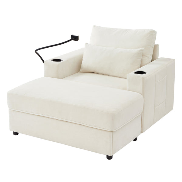 English Elm Modern Multifunctional Armchair with Chaise Lounge, Hidden Ottoman Storage, USB Ports & Cup Holders Beige N719P292700A